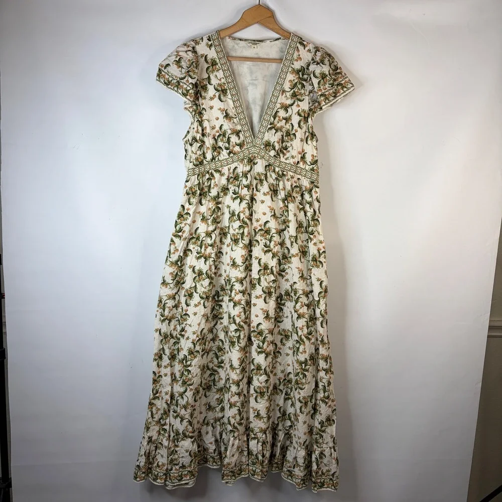 Max Studio London Maxi Dress Women XL Cream Floral V-Neck Flutter Sleeve Pockets